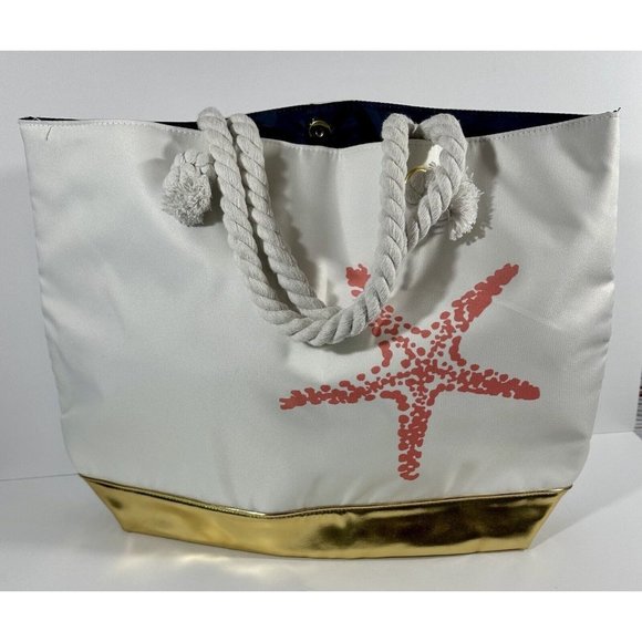 Ion Handbags - Ion Starfish Tote Large Beach Day Bag Coral Starfish White Tote Gold Trim 21”